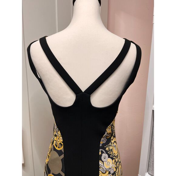 Black Mechanic Print Stretch Paneled Sheath Dress - Picture 2 of 9